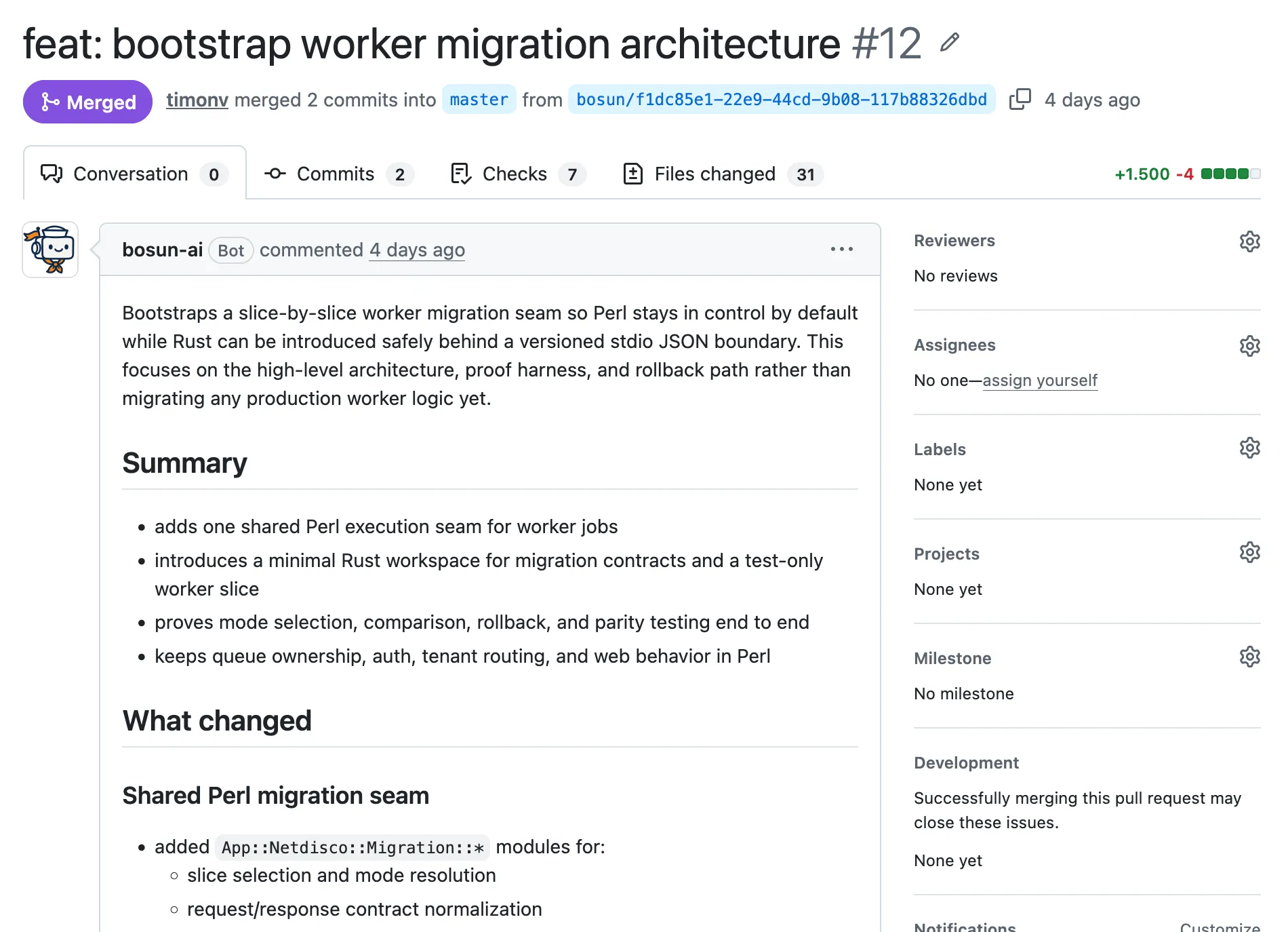 Merged pull request 12 summarizing the shared Perl execution seam, minimal Rust workspace, versioned JSON boundary, rollback, and parity testing.
