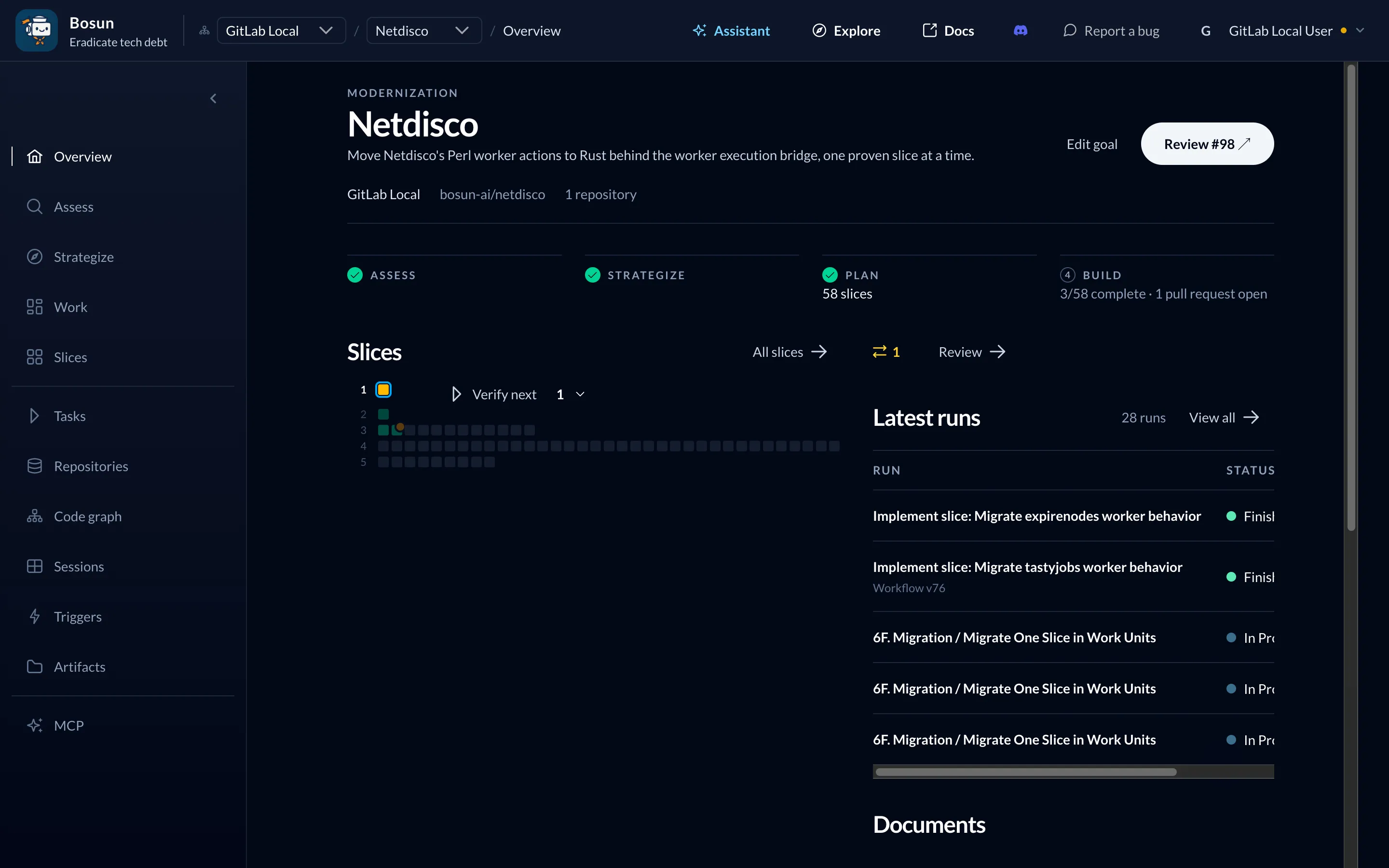 Bosun's modernisation overview for Netdisco: Assess and Strategize done, Plan with 58 slices, Build 3/58 complete with one pull request open, the slice map and the latest runs.