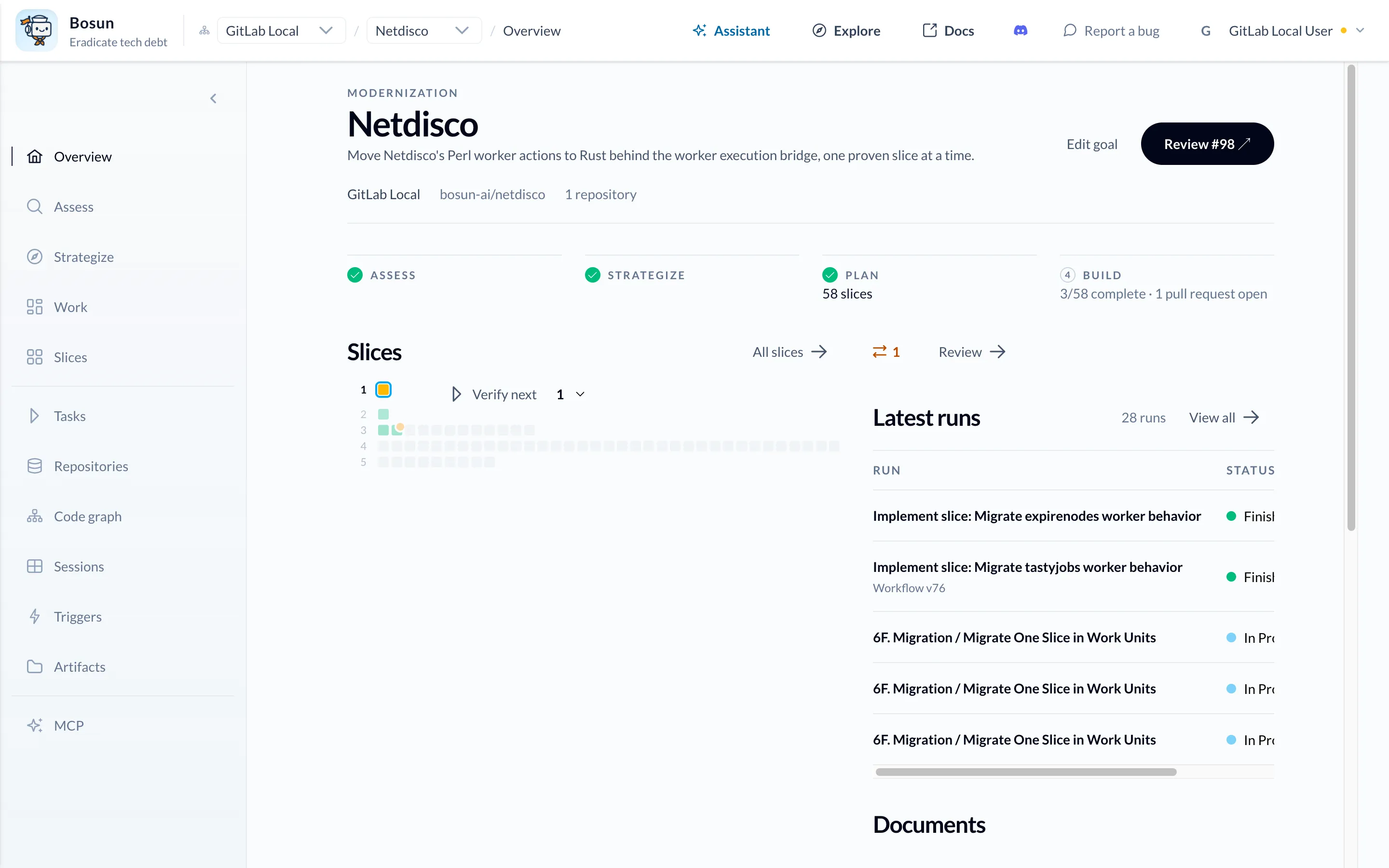 Bosun's modernisation overview for Netdisco: Assess and Strategize done, Plan with 58 slices, Build 3/58 complete with one pull request open, the slice map and the latest runs.