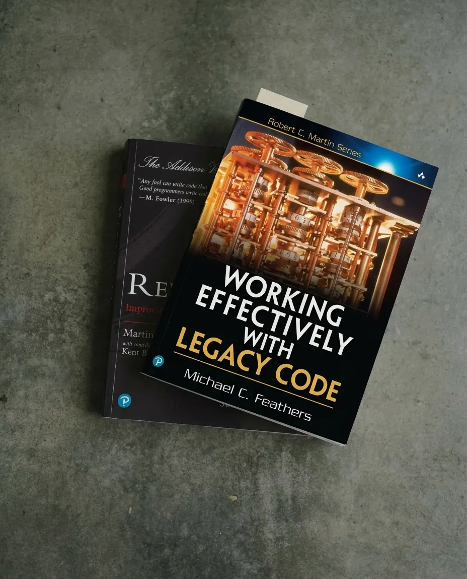 Two books on a concrete floor: Working Effectively with Legacy Code by Michael Feathers, lying on Refactoring by Martin Fowler.