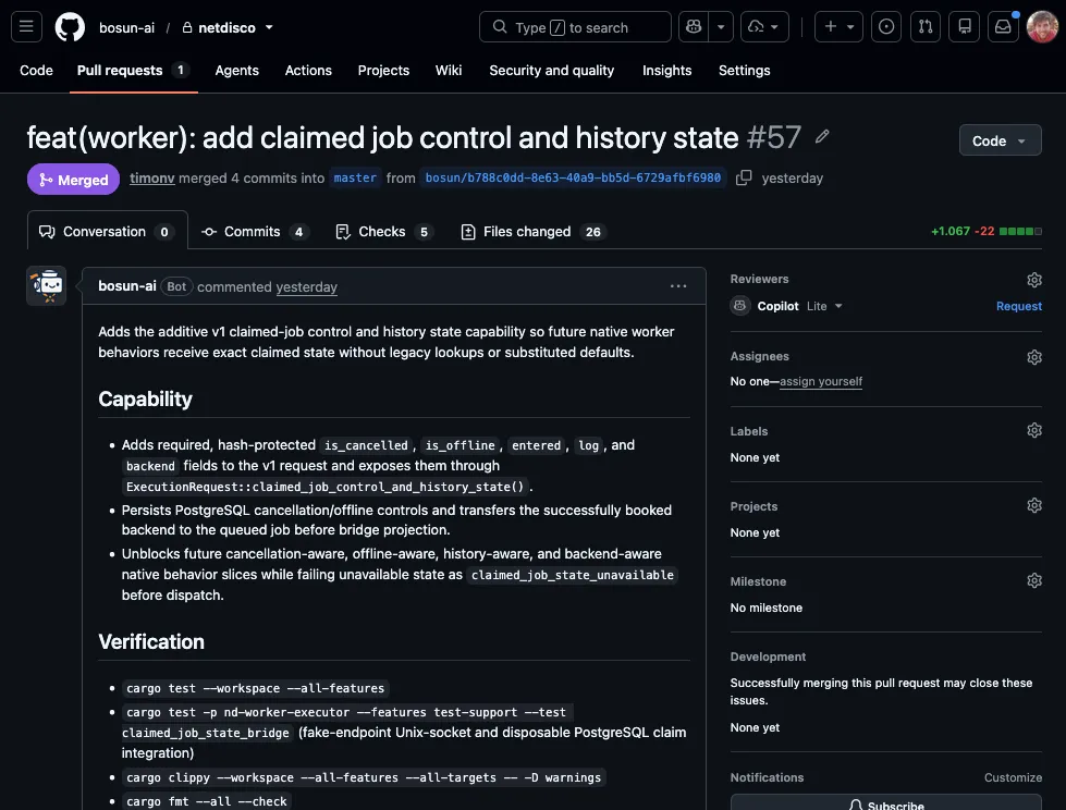 A merged pull request opened by bosun-ai, covering 26 files with passing checks and the verification commands the agent ran.