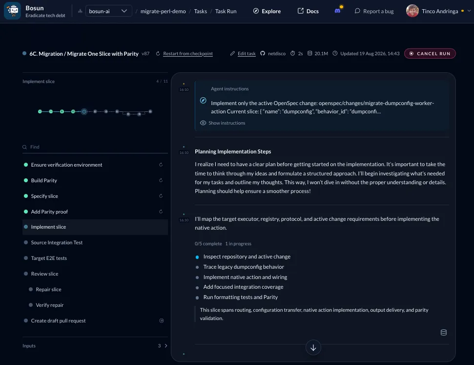 A Bosun task run part-way through an eleven-step migration slice, with the completed steps, the agent’s plan, and the run metadata visible.