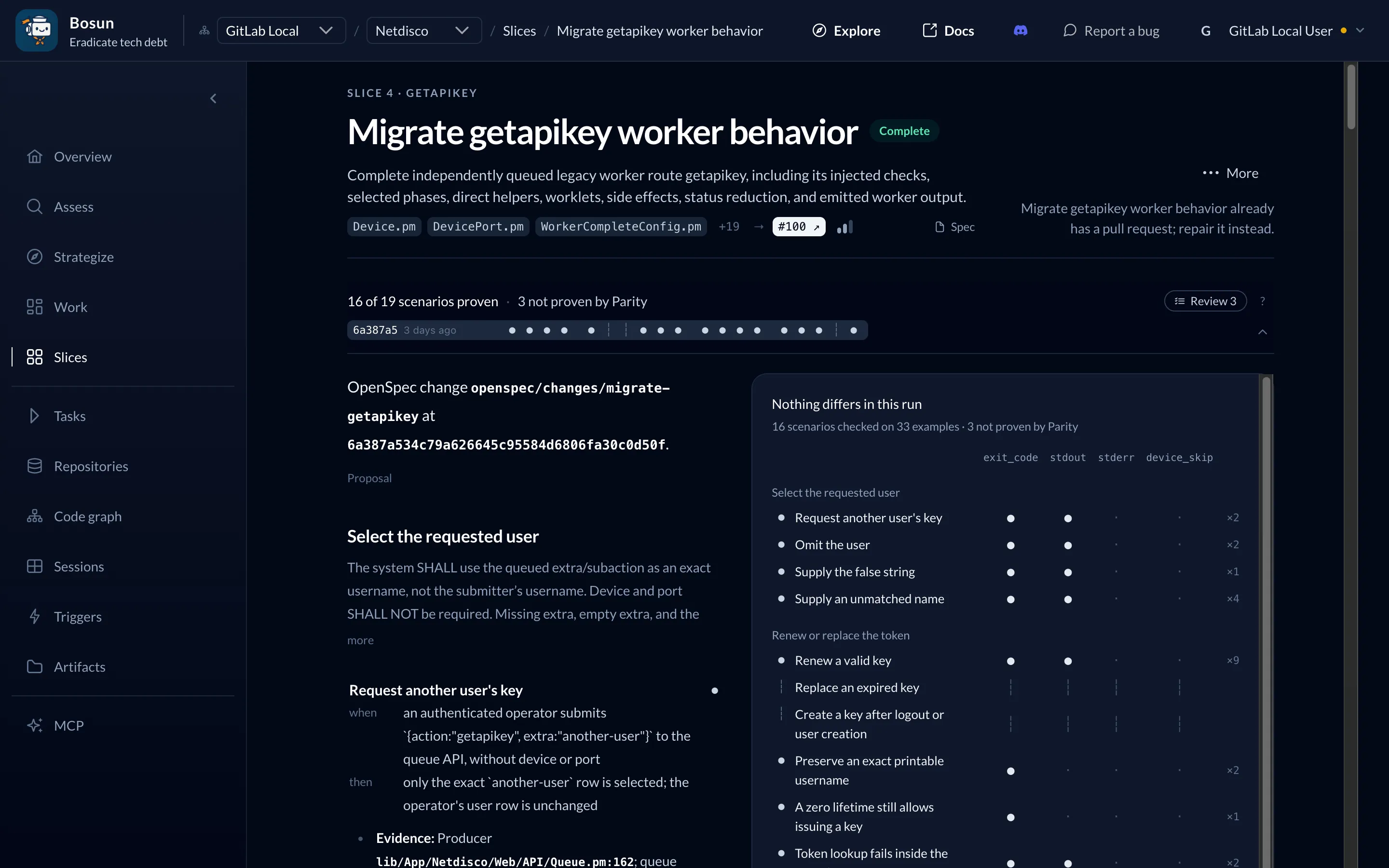 The getapikey slice in Bosun: marked Complete, with its description, source paths and the link to pull request #100.