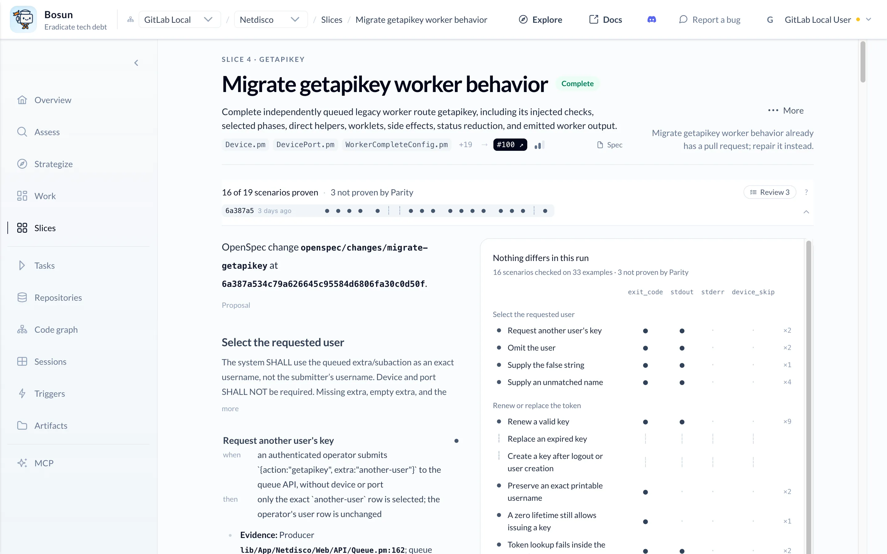 The getapikey slice in Bosun: marked Complete, with its description, source paths and the link to pull request #100.